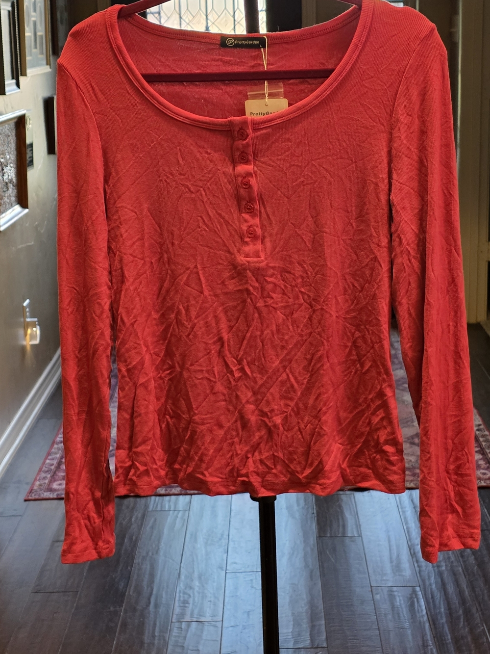 PrettyGarden Red Long Sleeve Henley Top Women’s Size Large NWT